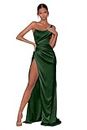 Qgeno Emerald Green One Shoulder Satin Mermaid Prom Dresses with Slit Scoop Neck Pleated Long Bridesmaid Dress Formal Evening Gowns for Women US6