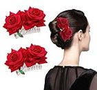 2PCS Women Girls Bridal Flannel Red Rose Flower Hair Combs Side-Slide Hair Clips Pins Inserts Headwear Headpiece Wedding Bridal Hair Decoration Accessories for Evening Bridal Party Flamenco Dancer