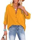 NONSAR Blusa de mujer informal, con cuello en V, 100 % algodón, corte holgado, color liso, gruesa, elegante, con bolsillo, amarillo, XL