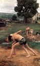 Dream-art Oil painting young boys Playing wrestling games fighting canvas 36"