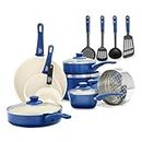 GreenLife Soft Grip Healthy Ceramic Nonstick 16 Piece Kitchen Cookware Pots and Pans Set, Includes Frying Pan Skillets Sauce and Casserole, PFAS-Free, Oven Safe, Blue