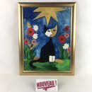 Tableau peinture à l'huile sur toile SIGNÉ chat noir avec soleil encadré 45x35cm