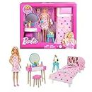 Barbie - Set Camera da letto di Barbie, include una bambola in pigiama rosa e pantofole, un gattino, letto, specchiera e comodino, 20+ accessori a tema, giocattolo per bambini, 3+ anni, HPT55