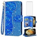 Asuwish Phone Case for Samsung Galaxy S21 Ultra 5G Wallet Cover with Screen Protector Bling Glitter Leather Flip Zipper Card Holder Slot Stand Cell S21ultra 21S S 21 21ultra G5 Women Girls Blue
