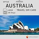 Australien SIM-Karte (40 GB, 28 Tage) – Optus Prepaid SIM-Karte mit unbegrenzten Minuten & SMS an australische Handys – 3-in-1 4G-Hotspot-Karte mit Tethering – Standard-, Micro- und Nano-SIM-Karte für