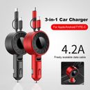 Retractable 3-in-1 Car Fast Charger with USB Cable For iPhone Phone Android Y8Z5