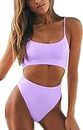 Dream X Fashion Women Solid V Neck Knot Front Push Up High Leg Thong Two Piece Swimsuit (M, Dark Purple)