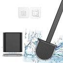 Silicone Toilet Brush-Soft Flat Toilet Brush with Holders, Cleaning Brushes Set for Bathroom,Flexible Toilet Bowl Brush Head with Silicone Bristles,Wall Mounting Leak Proof Slots Base (Black)