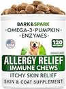 BARK&SPARK Allergy Relief Dog Treats - Omega 3 + Pumpkin + Enzymes - Itchy Skin Relief - Seasonal Allergies - Anti-Itch & Hot Spots - Immune Supplement - Made in USA - Chicken Flavor Soft Chews