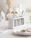 Kalakari kake Classy Glass and Wood Cutlery Holder - Elegant White Kitchen Organizer Stand with Clear Labels for Spoons, Forks, and Knives - Multifunctional Tableware Storage Box