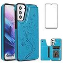 Phone Case for Samsung Galaxy S21 Plus Glaxay S21+ 5G with Tempered Glass Screen Protector Card Holder Wallet Cover Stand Flip Leather Cell Gaxaly S21+5G S21plus 21S + S 21 21+ G5 Case Women Men Blue