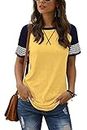 Adibosy Women Summer Casual Shirts: Short Sleeve Striped Tunic Tops - Womens Color Block Tee Tshirt Blouses Yellow L