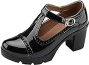 DADAWEN Damen T-Strap Plateau Blockabsatz Schuhe Mary Jane Oxfords Kleid Schuhe,Schwarz,37 EU