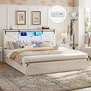 Hasuit Farmhouse Bed Frame King Size with LED Lights and Charging Station, Wooden Platform King Bed with 2 Storage Drawers, Rustic Accent Headboard with Sliding Barn Door Storage Cabinets, White