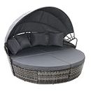 EVRE Bali Mixed Grey 3 Piece Modular Round Rattan Wicker Patio Garden Furniture Daybed Sun Lounger Set with Extendable Canopy and Conversation Seat Cushions
