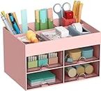 Home Cube Multi-Functional Desk Organizer With 4 Compartments & 4 Pull Out Drawer Desktop Office Supplies Stationery Storage Box Cosmetic Organizer For Pens Staplers Clips Sticky Notes-Pink-Plastic