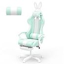 Ferghana Kawaii Light Green Gaming Chair with Bunny Ears, Ergonomic Cute Gamer Chair with Footrest and Massage, Racing Reclining Leather Computer Game Chair for Girls Adults Teens Kids