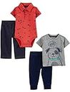 Simple Joys by Carter's Baby Boys' 4-Piece Bodysuit, Top, and Pant Set, Dark Grey Dog/Denim/Navy/Orange Construction, 18 Months
