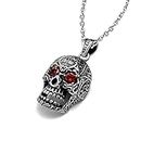 Feilok Hollow Skeleton Gothic Skull Pendant Stainless Steel Necklace for Men W. Red Crystal Eyes,Silver Color