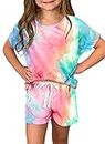 Dokotoo Girls Summer Casual Cute T-Shirt Shorts Set Outfits Short Sleeve Tops Tee Shirts Clothes Crew Neck Tie Dye Stretchy Shorts Fashion Clothing with Side Pockets Size 12-13 Pink