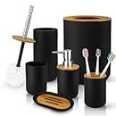 6 Pcs Bamboo and Plastic Bathroom Accessories Sets, Includes Toothbrush Cup, Toothbrush Holder, Soap Dispenser, Soap Dish, Toilet Brush with Holder, Trash Can, with 3 Pcs Toothbrushes (Black)