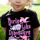 Graffiti Girls Like Dinosaurs Too & Cartoon Dinosaurs Graphic Print, Girls' Casual & Comfy Crew Neck Short Sleeve T-shirt For Spring & Summer, Girls' Clothes For Outdoor Activities