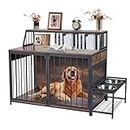 LitaiL Large Dog Crate Furniture - Heavy Duty Dog Kennel Furniture for Large Dog, Furniture Style Wooden Side End Table Dog Crate Cage with Adjustable Raised Feeder, Brown Dog Kennel Indoor