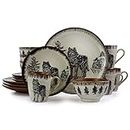 Elama Round Stoneware Cabin Dinnerware Dish Set, 16 Piece, Wolf Design with Warm Taupe and Brown Accents