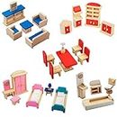 Giragaer 5 Set Colorful Wooden Doll House Furniture, Wood Miniature Bathroom/Living Room/Dining Room/Bedroom/Kitchen House Furniture Dollhouse Doll Decoration Accessories Pretend Play Kids Toy