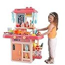 Lirzeg Plastic Kitchen Set Toys With 42 Pcs Lights & Sounds, Play Sink With Running Water, Dessert Shelf Toy & Accessories Kitchen Set for girls (Oraange)