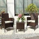 Jiomee Furniture™ Patio Bistro Set Rattan Outdoor Furniture Wicker Chairs and Glass Table Terrace Garden Poolside Outdoor Furniture (Brown)