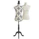 BTFY Mannequin Female - Dressmakers Tailors Dummy w/ 2 Removable Covers - UK Size 8/10 Decorative Dress Form Body w/Adjustable Height - Seamstress Model for Shop Display - Plain White & Black Damask
