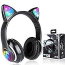 Wireless Headphones,BREIS Cat Ear LED Light Up Foldable Bluetooth Headphone for Kids,Over-Ear Adjustable Stereo Girls and Boys Headsets with Microphone,Gifts for cat Lovers (Black)
