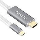 Amiroko USB C to HDMI Cable 6FT, USB 3.1 Type C (Thunderbolt 3 Compatible) to HDMI Adapter 4K Cable for MacBook, MacBook Pro, Dell XPS 13/15, Galaxy S8/Note 8 etc to HDTV, Monitor, Projector - Gray