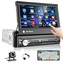 Android Single Din Car Stereo with GPS Navigation, Hodozzy 7 Inch Touch Screen Flip Out Car Radio with Mirror Link Bluetooth Wifi FM Radio/USB/AUX SWC Reverse Camera Microphone Screen 1 Din Android