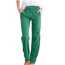 LRMQS Pantalon décontracté en lin pour femme avec cordon de serrage, taille élastique, poches, Z1_Vert, Taille M