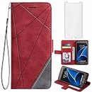 Asuwish Compatible with Samsung Galaxy S7 Wallet Case and Tempered Glass Screen Protector Flip Cover Card Holder Stand Cell Accessories Phone Cases for Glaxay S 7 7s GS7 SM-G930V G930A Women Men Red