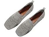 Women Comfortable Arch Support Non-Slip Flat Shoes,Lightweight Breathable Knit Square-Toe Flat Shoes,Stylish Casual Work Office Walking Shoes (40 EU, Grey)
