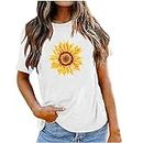 Damen Kurzarm Rundhalsausschnitt Tops Sommer Sonnenblume Druck Casual Loose Tee Shirts Ausgehen Bluse für Teenager Mädchen, weiß, Small