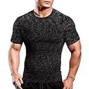 Musclealive Hommes Maigre Serré Compression Couche de Base Manche Courte T-Shirt La Musculation Tops Polyester et Spandex,Noir avec gris,M-(Buste 35po-37po)