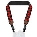 USA GEAR TrueSHOT Camera Strap with Neoprene Design, Accessory Pockets and Quick Release Buckles - Compatible with Canon, Nikon, Sony and More DSLR and Mirrorless Cameras (Red Plaid)