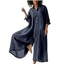 oelaio Womens Jumpsuits Summer 3/4 Sleeve Cotton Linen Button Overalls Loose Fit Flowy Baggy Wide Leg Yoga Cropped Rompers, A3_navy, Small
