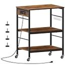 Bakers Rack with Power Outlet Microwave Stand Cart with Storage Coffee Station Table Cart on Wheels for Kitchen Living Room Bedroom, Rustic Brown