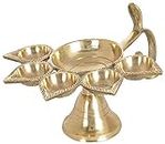 SIYAA Pooja Aarti Diya with Handle Brass Decorative Puja Accessory, Five Face Camphor Burner lamp Panch Aarti for Navratra, Diwali Gifts Home Decor, Golden @@ Pack of 1, M-22