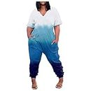 besiyes Plus Size Jumpsuit for Curvy Women Dressy Short Sleeve V Neck Romper Fashion Tie Dye Overalls One Piece Outfits, Sky Blue, Small