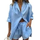 Qtinghua Women's Two Piece Outfits Short/Long Sleeve Y2K Button Shirts Elastic Waist Shorts Lounge Set Tracksuit Summer Streetwear (C-Blue, Small)