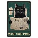 CREATCABIN Funny Black Cat Metal Tin Signs Vintage Metal Tin Signs Wash Your Paws Cat Read Newspaper Signs Poster Retro Bathroom Sign Wall Decor Art for Home Bedroom Kitchen Cafe Bar 30x20cm