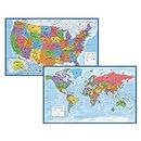 Laminated World Map & US Map Poster Set - 18" x 29" - Wall Chart Maps of the World & United States - Made in the USA - Updated (LAMINATED, 18" x 29")