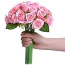 TIED RIBBONS Set of 12 Artificial Rose Flowers Bunches for Vase (24 cm, Light Pink) - Home Decoration Gift Items for Living Room Corner Table Top Bedroom Wedding (Pot Not Included) Polyester