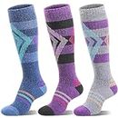 Welwoos Merino Wool Ski Socks for Womens Mens Thermal Winter Warm Thick Knee High Gift Sock Stocking Stuffers for Skiing Outdoor Sports Snowboarding 3 Pairs (Blue / Purple / Grey ,M)